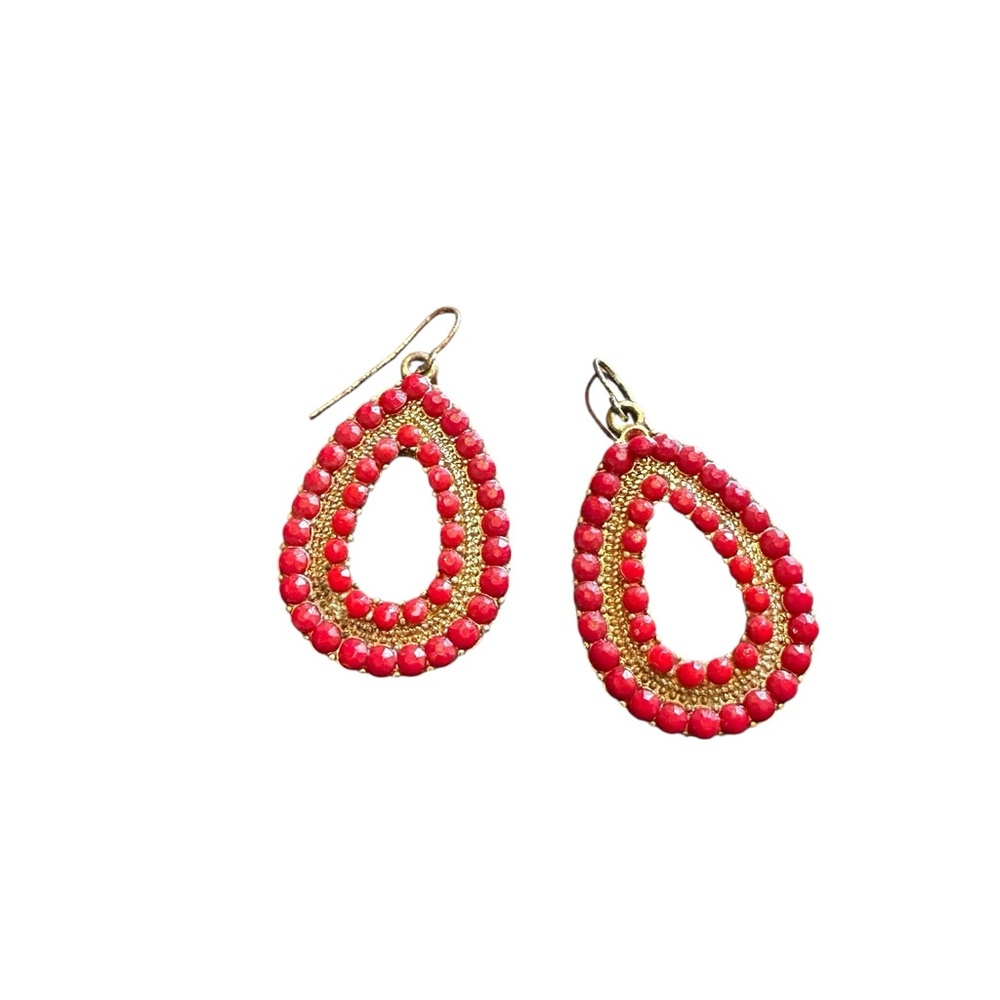 Vintage Inspired Red Beaded and Gold Hollow Teardrop Drop Earrings - Picture 1 of 6